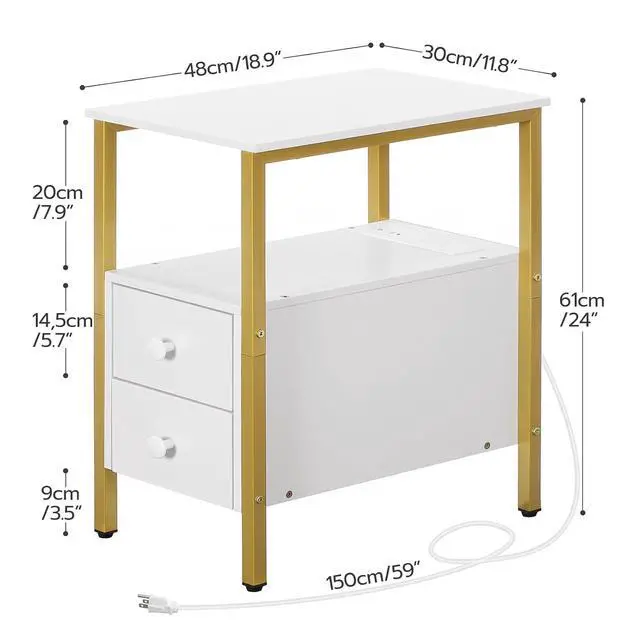 Alt view image 3 of 7 - End Table with Charging Station, Narrow Side Table with 2 Drawer & USB Port & Power Outlets, Nightstand for Small Spaces, Stable and Sturdy, for Living Room, Bedroom, Gold and White DW541BZ01