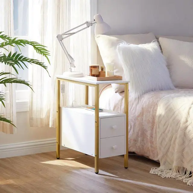 Alt view image 2 of 7 - End Table with Charging Station, Narrow Side Table with 2 Drawer & USB Port & Power Outlets, Nightstand for Small Spaces, Stable and Sturdy, for Living Room, Bedroom, Gold and White DW541BZ01