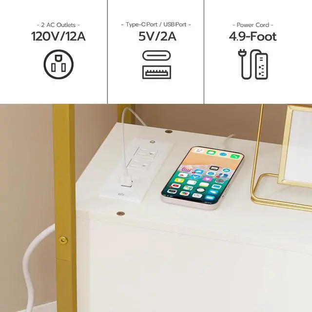 Alt view image 4 of 7 - End Table with Charging Station, Narrow Side Table with 2 Drawer & USB Port & Power Outlets, Nightstand for Small Spaces, Stable and Sturdy, for Living Room, Bedroom, Gold and White DW541BZ01