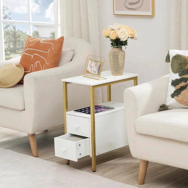 Alt view image 5 of 7 - End Table with Charging Station, Narrow Side Table with 2 Drawer & USB Port & Power Outlets, Nightstand for Small Spaces, Stable and Sturdy, for Living Room, Bedroom, Gold and White DW541BZ01