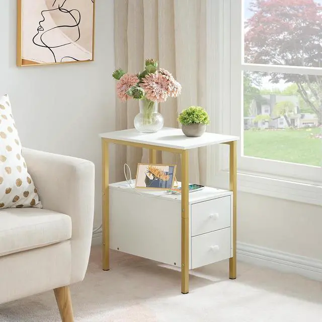Alt view image 7 of 7 - End Table with Charging Station, Narrow Side Table with 2 Drawer & USB Port & Power Outlets, Nightstand for Small Spaces, Stable and Sturdy, for Living Room, Bedroom, Gold and White DW541BZ01