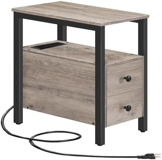 Main image of End Table with Charging Station, Narrow Side Table with 2 Drawers & USB Ports & Power Outlets, Nightstand for Small Spaces, Bedroom, Living Room, Stable and Sturdy, Greige and Black BG541BZ01