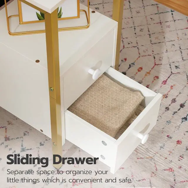 Alt view image 6 of 7 - End Table with Charging Station, Narrow Side Table with 2 Drawer & USB Port & Power Outlets, Nightstand for Small Spaces, Stable and Sturdy, for Living Room, Bedroom, Gold and White DW541BZ01
