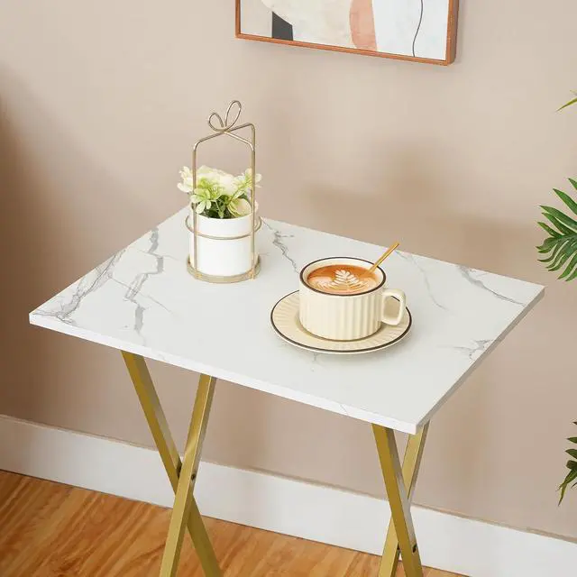 Alt view image 7 of 7 - Folding TV Tray Tables, Set of 2 Side Table for Small Space, Industrial Snack Tables for Eating at Couch, Stable Metal Frame, Easy Assembly, Space Saving, Marble and Gold DM25BZ01