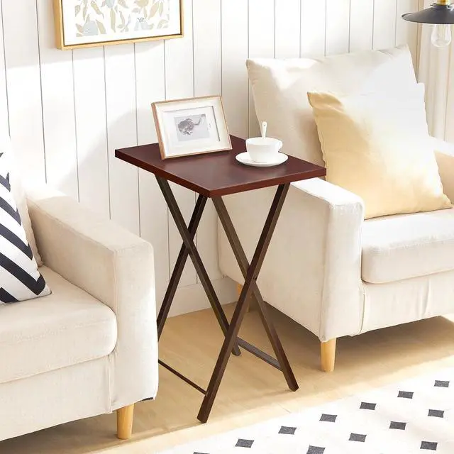 Alt view image 4 of 7 - Folding TV Tray Tables, Set of 2 Side Table for Small Space, Industrial Snack Tables for Eating at Couch, Stable Metal Frame, Easy Assembly, Space Saving, Brown BR25BZ01