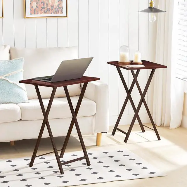Alt view image 2 of 7 - Folding TV Tray Tables, Set of 2 Side Table for Small Space, Industrial Snack Tables for Eating at Couch, Stable Metal Frame, Easy Assembly, Space Saving, Brown BR25BZ01