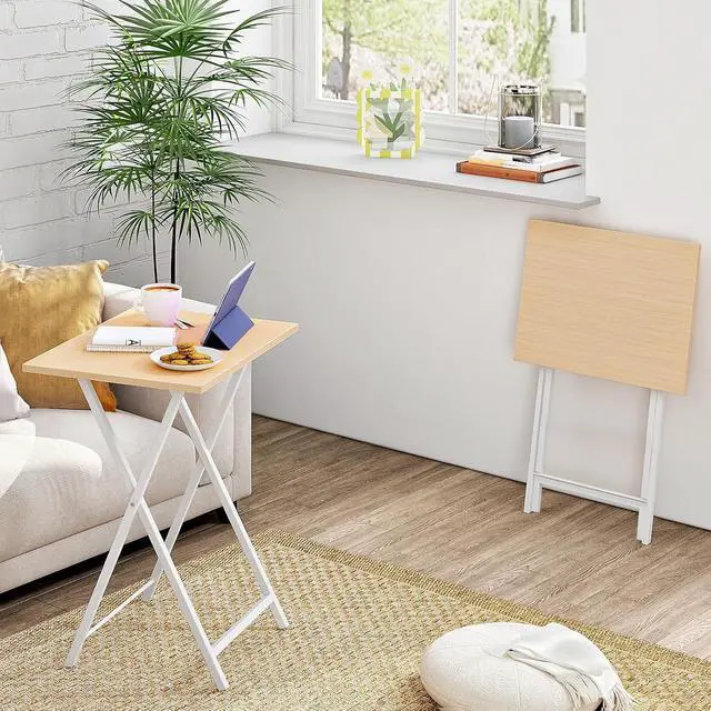Alt view image 2 of 7 - Folding TV Tray Tables, Set of 2 Side Table for Small Space, Industrial Snack Tables for Eating at Couch, Stable Metal Frame, Easy Assembly, Space Saving, Natural and White WN25BZ01
