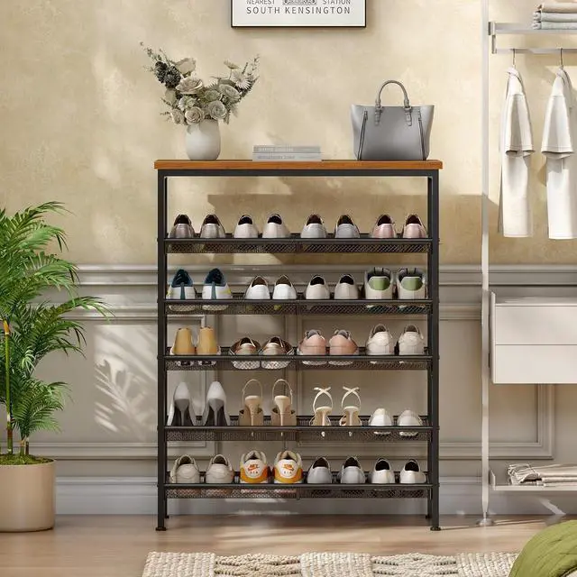 Alt view image 2 of 7 - Shoe Rack for Entryway, 6-Tier Shoe Organizer with Adjustable Mesh Shelves, 18-24 Pairs of Shoes, Spacious Floor Mount, Metal, Industrial, Shoe Shelf for Closet, Rustic Brown BF60XJ01
