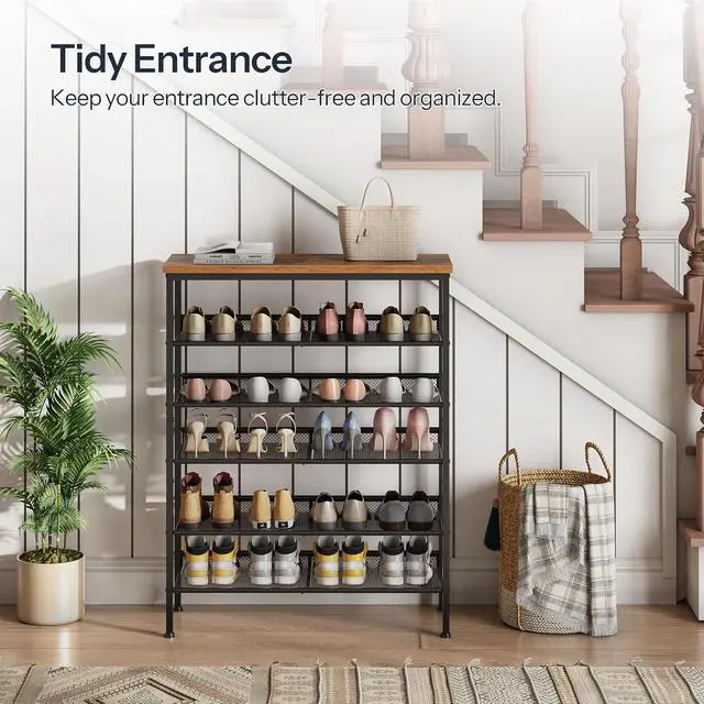 Alt view image 5 of 7 - Shoe Rack for Entryway, 6-Tier Shoe Organizer with Adjustable Mesh Shelves, 18-24 Pairs of Shoes, Spacious Floor Mount, Metal, Industrial, Shoe Shelf for Closet, Rustic Brown BF60XJ01