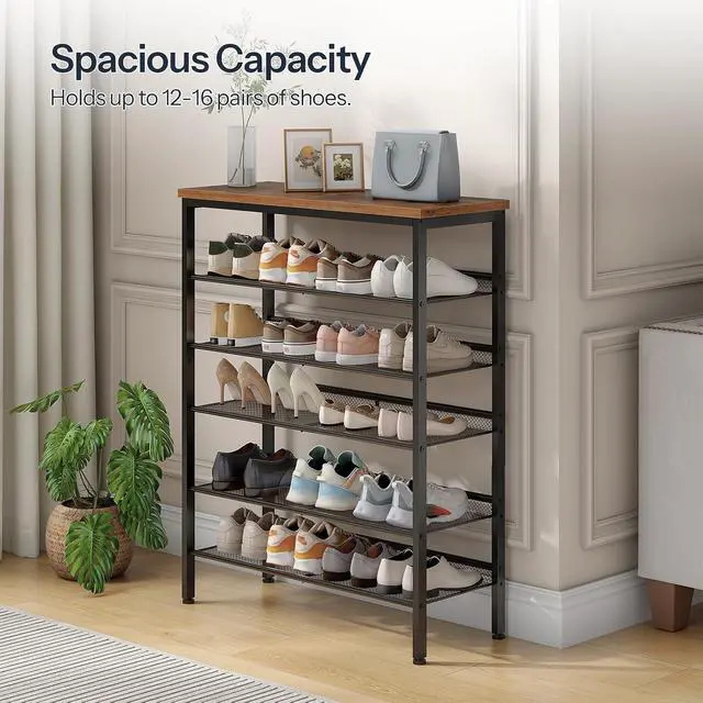 Alt view image 4 of 7 - Shoe Rack for Entryway, 6-Tier Shoe Organizer with Adjustable Mesh Shelves, 18-24 Pairs of Shoes, Spacious Floor Mount, Metal, Industrial, Shoe Shelf for Closet, Rustic Brown BF60XJ01