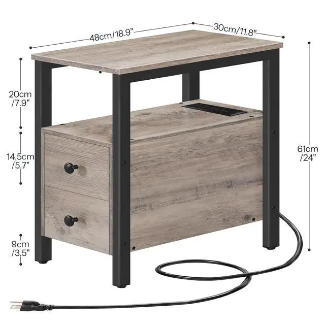 Alt view image 3 of 7 - Set of 2 End Tables with Charging Station, Narrow Side Table with Drawers & USB Port & Power Outlets, Nightstand for Small Spaces, Living Room, Stable, Greige and Black BG541BZP201