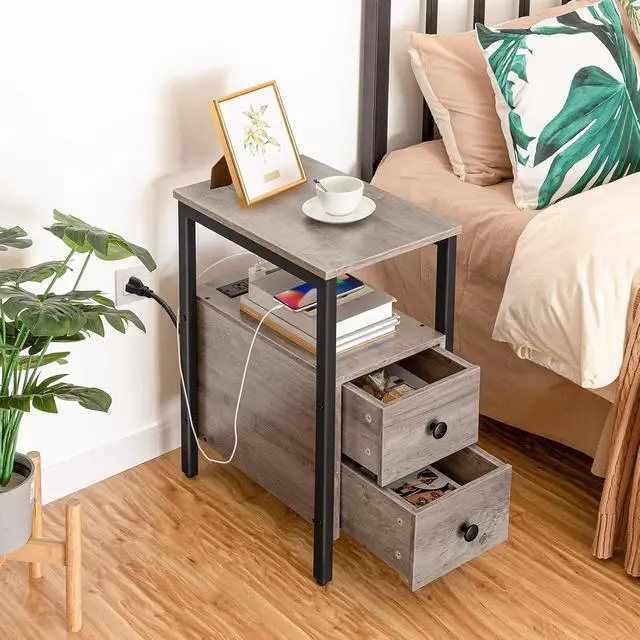 Alt view image 2 of 7 - End Table with Charging Station, Narrow Side Table with 2 Drawers & USB Ports & Power Outlets, Nightstand for Small Spaces, Bedroom, Living Room, Stable and Sturdy, Greige and Black BG541BZ01
