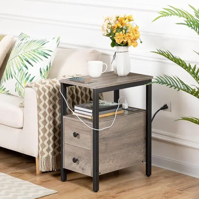 Alt view image 5 of 7 - End Table with Charging Station, Narrow Side Table with 2 Drawers & USB Ports & Power Outlets, Nightstand for Small Spaces, Bedroom, Living Room, Stable and Sturdy, Greige and Black BG541BZ01