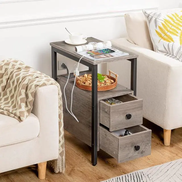 Alt view image 6 of 7 - End Table with Charging Station, Narrow Side Table with 2 Drawers & USB Ports & Power Outlets, Nightstand for Small Spaces, Bedroom, Living Room, Stable and Sturdy, Greige and Black BG541BZ01