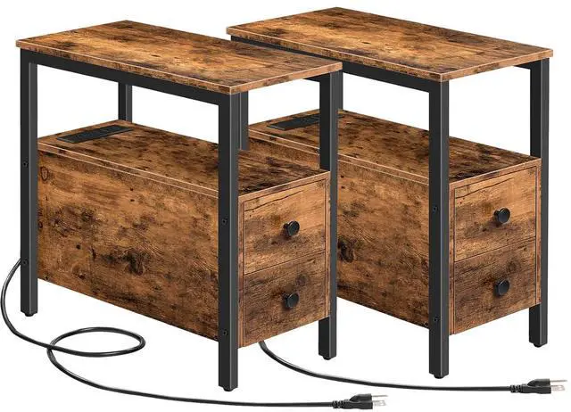 Main image of Set of 2 End Tables with Charging Station, Narrow Side Table with Drawers, Power Outlets, Nightstand for Small Spaces, Living Room, Stable and Sturdy, Rustic Brown and Black BF541BZP201