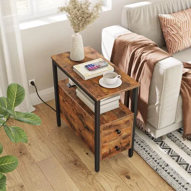 Alt view image 2 of 7 - Set of 2 End Tables with Charging Station, Narrow Side Table with Drawers, Power Outlets, Nightstand for Small Spaces, Living Room, Stable and Sturdy, Rustic Brown and Black BF541BZP201