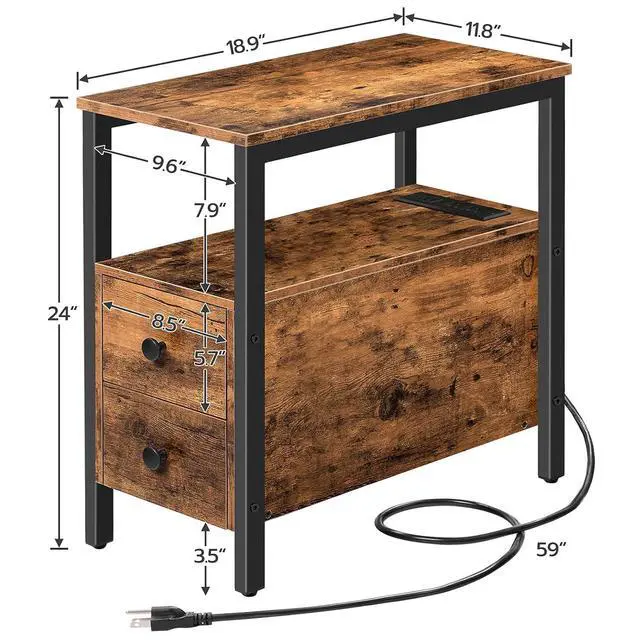 Alt view image 3 of 7 - Set of 2 End Tables with Charging Station, Narrow Side Table with Drawers, Power Outlets, Nightstand for Small Spaces, Living Room, Stable and Sturdy, Rustic Brown and Black BF541BZP201