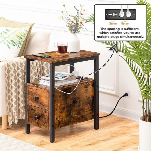 Alt view image 4 of 7 - Set of 2 End Tables with Charging Station, Narrow Side Table with Drawers, Power Outlets, Nightstand for Small Spaces, Living Room, Stable and Sturdy, Rustic Brown and Black BF541BZP201