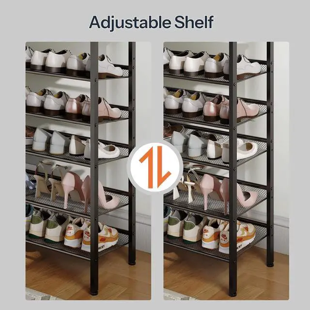 Alt view image 6 of 7 - Shoe Rack for Entryway, 6-Tier Shoe Organizer with Adjustable Mesh Shelves, 18-24 Pairs of Shoes, Spacious Floor Mount, Metal, Industrial, Shoe Shelf for Closet, Rustic Brown BF60XJ01