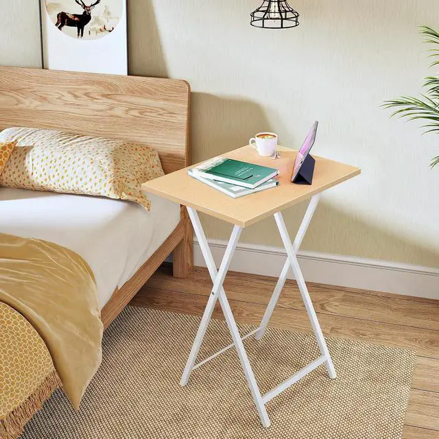 Alt view image 5 of 7 - Folding TV Tray Tables, Set of 2 Side Table for Small Space, Industrial Snack Tables for Eating at Couch, Stable Metal Frame, Easy Assembly, Space Saving, Natural and White WN25BZ01