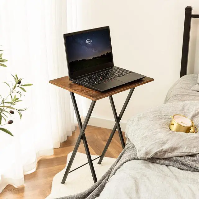 Alt view image 4 of 7 - Folding TV Tray Tables, Set of 2 Side Table for Small Space, Industrial Snack Tables for Eating at Couch, Stable Metal Frame, Easy Assembly, Space Saving, Rustic Brown and Black BF25BZ01
