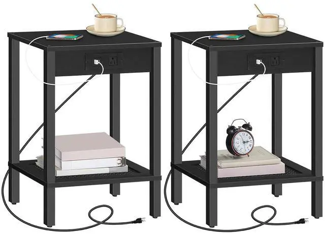 Main image of Side Table with Charging Station, Set of 2 End Table with USB Ports and Outlet, Nightstand with 2-Tier Storage Shelf, Faux Rattan Decoration, for Small Space, Black BK91UBZP201