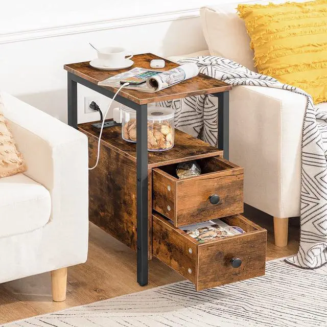 Alt view image 5 of 7 - Set of 2 End Tables with Charging Station, Narrow Side Table with Drawers, Power Outlets, Nightstand for Small Spaces, Living Room, Stable and Sturdy, Rustic Brown and Black BF541BZP201