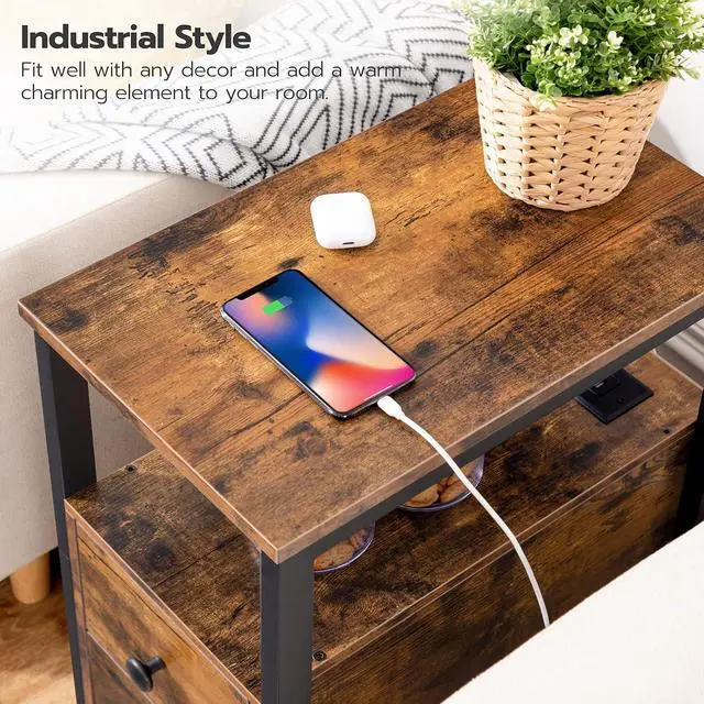Alt view image 7 of 7 - Set of 2 End Tables with Charging Station, Narrow Side Table with Drawers, Power Outlets, Nightstand for Small Spaces, Living Room, Stable and Sturdy, Rustic Brown and Black BF541BZP201