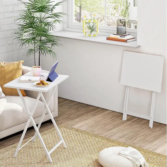 Alt view image 5 of 7 - Folding TV Tray Tables, Set of 2 Side Table for Small Space, Industrial Snack Tables for Eating at Couch, Stable Metal Frame, Easy Assembly, Space Saving, White WW25BZ01N1