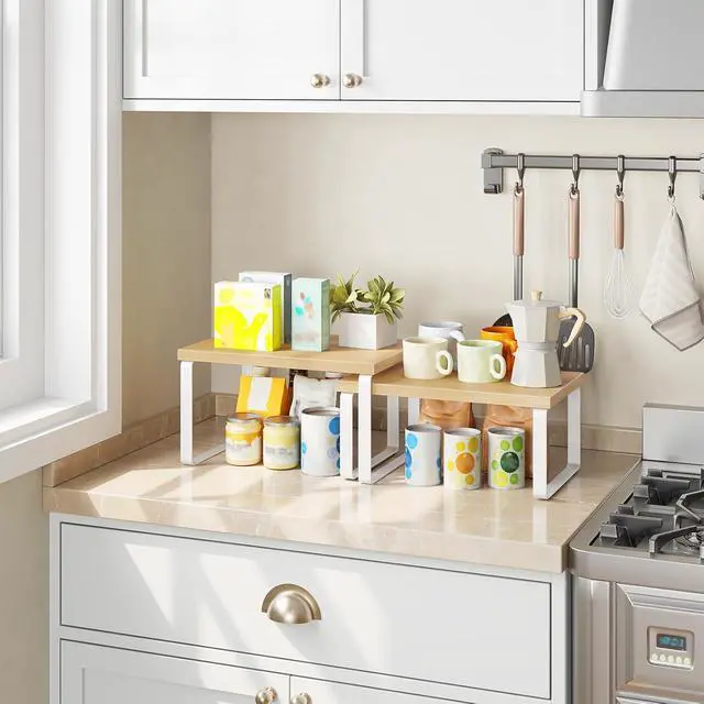 Alt view image 2 of 7 - Cabinet Organizer Shelf, Set of 2, Kitchen Countertop Organizer, Kitchen Countertop Shelf, Spice Rack for Counter, Stackable, Expandable for Cabinet, Kitchen, Natural and White WN33TL01