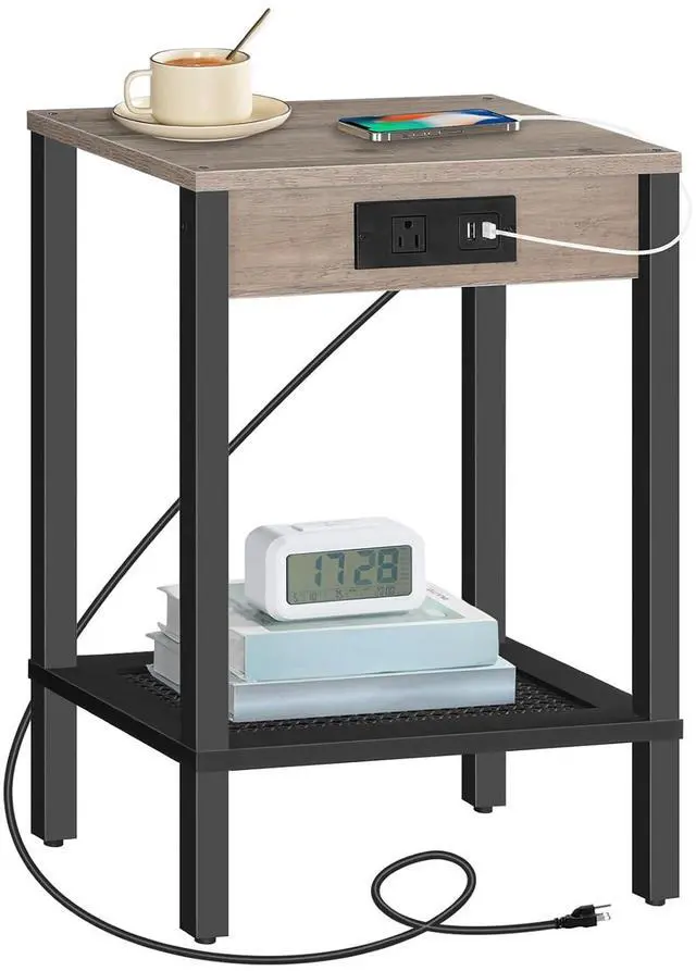 Main image of Side Table with Charging Station, End Table with USB Ports and Outlet, Nightstand with 2-Tier Storage Shelf, Faux Rattan Decoration, for Small Space, Greige and Black BG91UBZ01