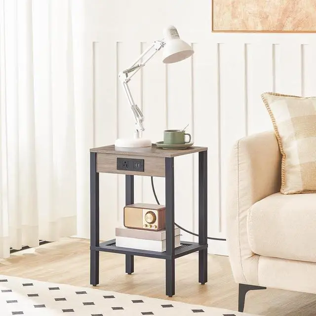 Alt view image 2 of 7 - Side Table with Charging Station, End Table with USB Ports and Outlet, Nightstand with 2-Tier Storage Shelf, Faux Rattan Decoration, for Small Space, Greige and Black BG91UBZ01