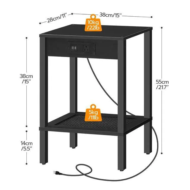 Alt view image 3 of 7 - Side Table with Charging Station, End Table with USB Ports and Outlet, Nightstand with 2-Tier Storage Shelf, Faux Rattan Decoration, for Small Space, Black BK91UBZ01