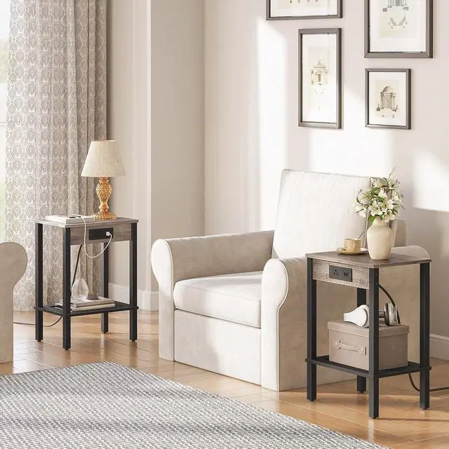 Alt view image 4 of 7 - Side Table with Charging Station, End Table with USB Ports and Outlet, Nightstand with 2-Tier Storage Shelf, Faux Rattan Decoration, for Small Space, Greige and Black BG91UBZ01
