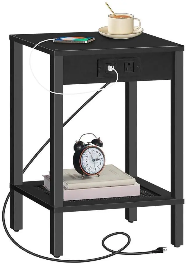 Main image of Side Table with Charging Station, End Table with USB Ports and Outlet, Nightstand with 2-Tier Storage Shelf, Faux Rattan Decoration, for Small Space, Black BK91UBZ01