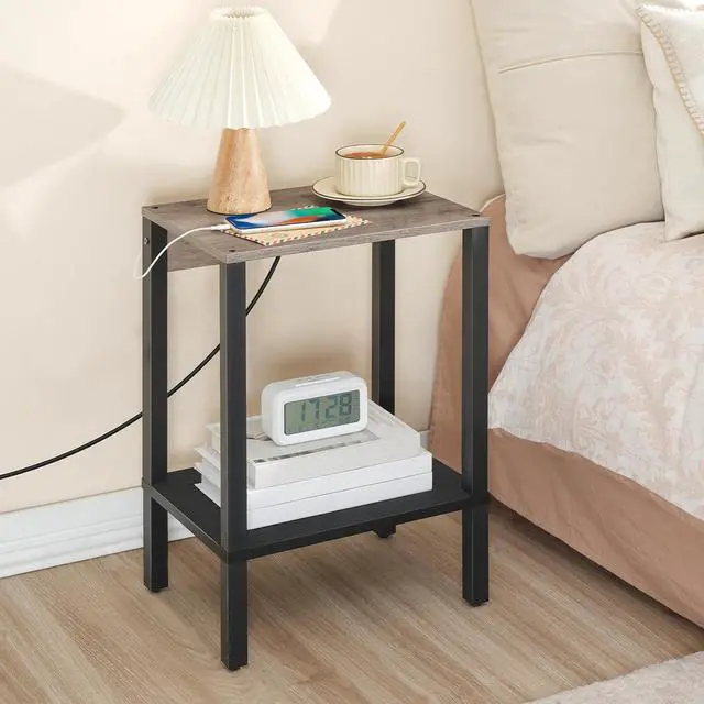 Alt view image 6 of 7 - Side Table with Charging Station, End Table with USB Ports and Outlet, Nightstand with 2-Tier Storage Shelf, Faux Rattan Decoration, for Small Space, Greige and Black BG91UBZ01