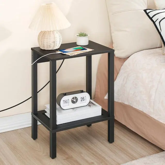 Alt view image 2 of 7 - Side Table with Charging Station, End Table with USB Ports and Outlet, Nightstand with 2-Tier Storage Shelf, Faux Rattan Decoration, for Small Space, Black BK91UBZ01