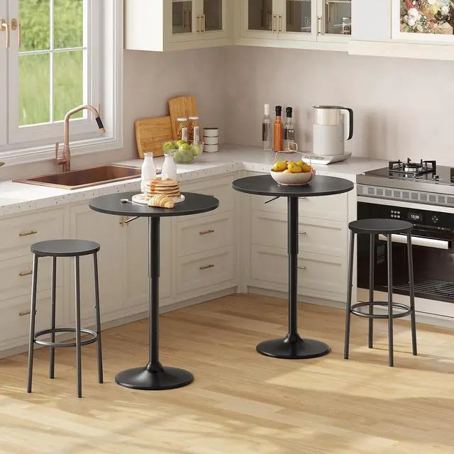 Alt view image 2 of 7 - 2 Pcs Bar Table, Height-Adjustable Round Pub Table 27-35.4 Inches with Sturdy Base, Modern Style Bar Table Easy Assembly with Metal Base for Pub, Party and Small Places, Black BK58BTP201G1N1