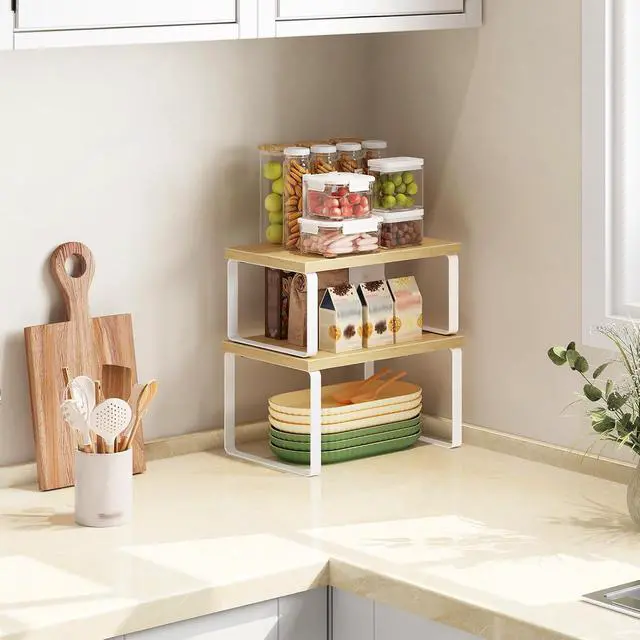Alt view image 4 of 7 - Cabinet Organizer Shelf, Set of 2, Kitchen Countertop Organizer, Kitchen Countertop Shelf, Spice Rack for Counter, Stackable, Expandable for Cabinet, Kitchen, Natural and White WN33TL01