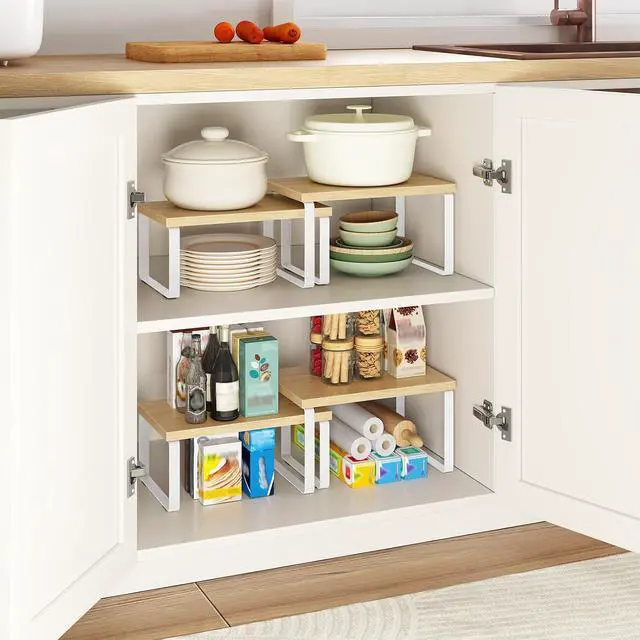 Alt view image 5 of 7 - Cabinet Organizer Shelf, Set of 2, Kitchen Countertop Organizer, Kitchen Countertop Shelf, Spice Rack for Counter, Stackable, Expandable for Cabinet, Kitchen, Natural and White WN33TL01