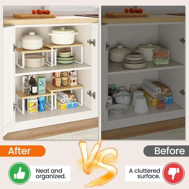 Alt view image 7 of 7 - Cabinet Organizer Shelf, Set of 2, Kitchen Countertop Organizer, Kitchen Countertop Shelf, Spice Rack for Counter, Stackable, Expandable for Cabinet, Kitchen, Natural and White WN33TL01