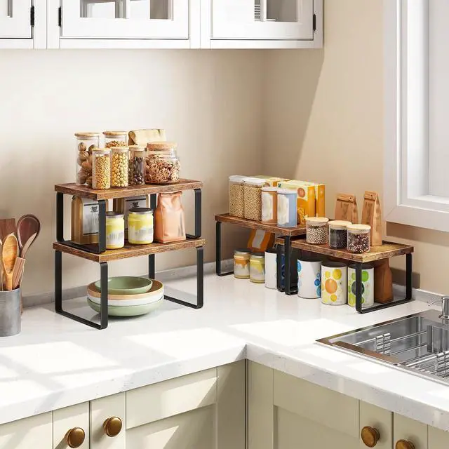 Alt view image 2 of 7 - Cabinet Organizer Shelf, Set of 4, Kitchen Countertop Organizer, Kitchen Countertop Shelf, Spice Rack for Counter, Stackable, Expandable for Cabinet, Kitchen, Rustic Brown and Black BF33TLP201