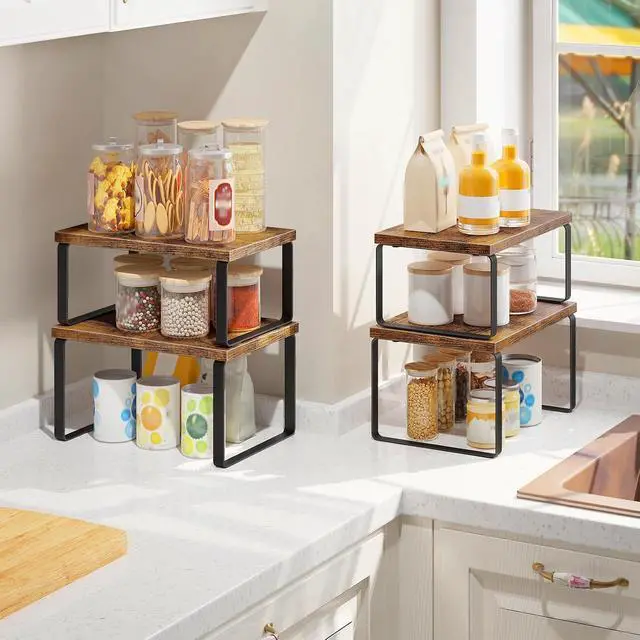 Alt view image 4 of 7 - Cabinet Organizer Shelf, Set of 4, Kitchen Countertop Organizer, Kitchen Countertop Shelf, Spice Rack for Counter, Stackable, Expandable for Cabinet, Kitchen, Rustic Brown and Black BF33TLP201