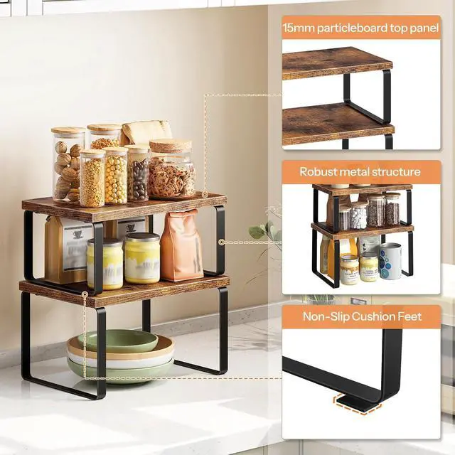 Alt view image 6 of 7 - Cabinet Organizer Shelf, Set of 4, Kitchen Countertop Organizer, Kitchen Countertop Shelf, Spice Rack for Counter, Stackable, Expandable for Cabinet, Kitchen, Rustic Brown and Black BF33TLP201