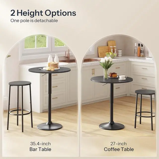 Alt view image 5 of 7 - 2 Pcs Bar Table, Height-Adjustable Round Pub Table 27-35.4 Inches with Sturdy Base, Modern Style Bar Table Easy Assembly with Metal Base for Pub, Party and Small Places, Black BK58BTP201G1N1