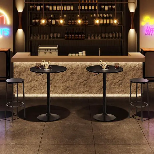 Alt view image 6 of 7 - 2 Pcs Bar Table, Height-Adjustable Round Pub Table 27-35.4 Inches with Sturdy Base, Modern Style Bar Table Easy Assembly with Metal Base for Pub, Party and Small Places, Black BK58BTP201G1N1