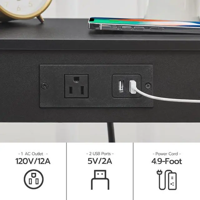 Alt view image 5 of 7 - Side Table with Charging Station, End Table with USB Ports and Outlet, Nightstand with 2-Tier Storage Shelf, Faux Rattan Decoration, for Small Space, Black BK91UBZ01