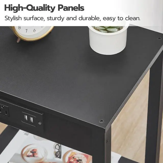Alt view image 6 of 7 - Side Table with Charging Station, End Table with USB Ports and Outlet, Nightstand with 2-Tier Storage Shelf, Faux Rattan Decoration, for Small Space, Black BK91UBZ01