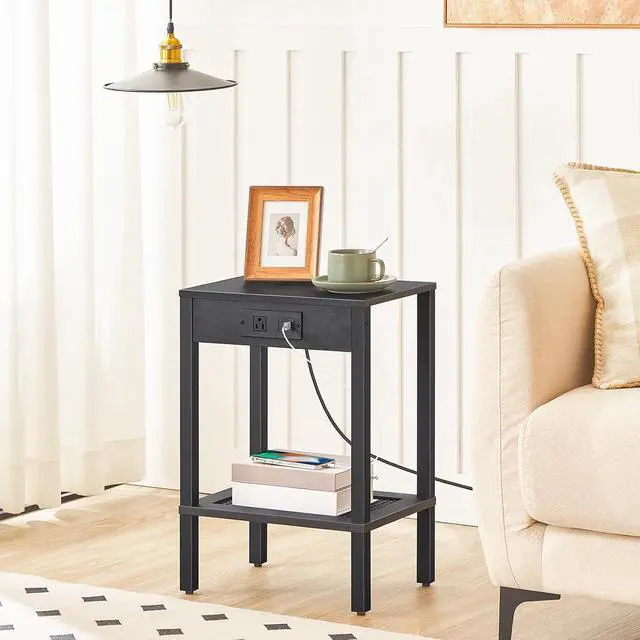Alt view image 4 of 7 - Side Table with Charging Station, End Table with USB Ports and Outlet, Nightstand with 2-Tier Storage Shelf, Faux Rattan Decoration, for Small Space, Black BK91UBZ01