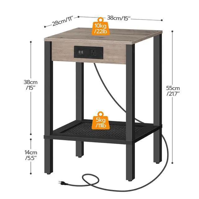 Alt view image 3 of 7 - Side Table with Charging Station, Set of 2 End Table with USB Ports and Outlet, Nightstand with 2-Tier Storage Shelf, Faux Rattan Decoration, for Small Space, Greige and Black BG91UBZP201